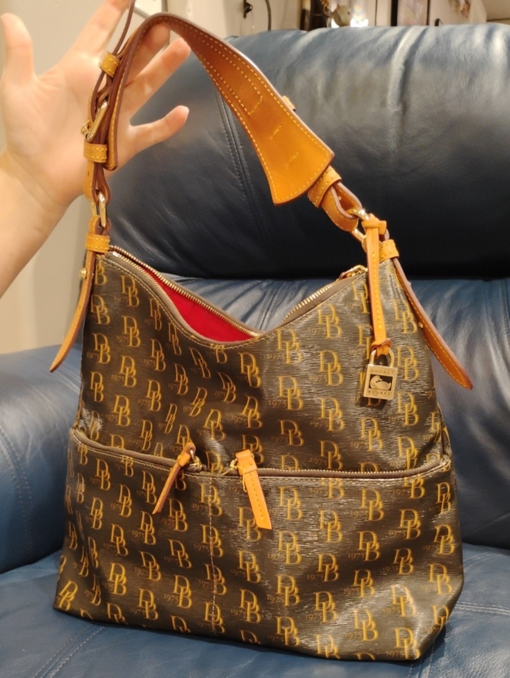 Dooney & Bourke Brown Logo Hobo with Tan Leather Trim and Red Interior